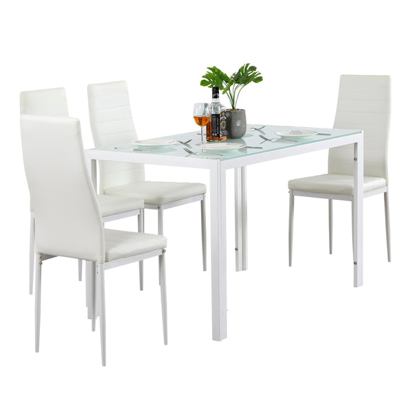 5 Piece Dining Set GlassTable and 4 Leather Chair for Kitchen Dining White