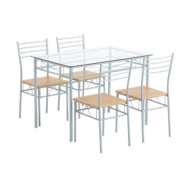 [110 x 70 x 76cm] Iron Glass Dining Table and Chairs Silver One Table and Four Chairs MDF Cushion