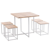 5 Piece Dining Table Set, Dining Set for 4, PVC Table and 4 Stools, Light Oak Color & White