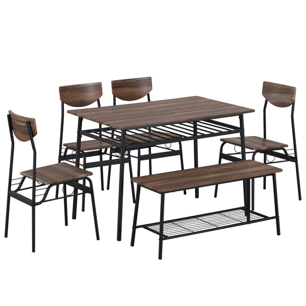 6-Piece Modern Dining Set for Home, Kitchen, Dining Room with Storage Racks, Rectangular Table, Bench, 4 Chairs, Steel Frame - Natural Color