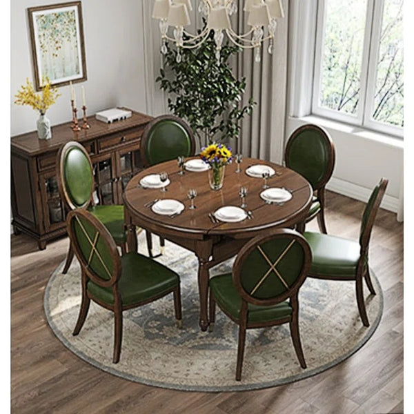 Round Walnut 53'' Dining Set Solid Wood Dining Table with Set of 6 Olive Color Dining Chairs