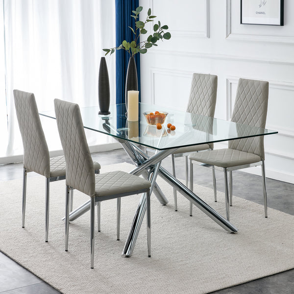 Armless High Back Dining Chair, 4-piece set, Office Chair. Applicable to DiningRoom, Living Room, Kitchen and Office.Grey Chair and Electroplated Metal Leg