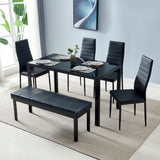 Simple Assembled Tempered Glass & Iron Dinner Table + 4pcs Elegant Assembled Stripping Texture High Backrest Dining Chairs Black