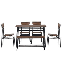 6-Piece Modern Dining Set for Home, Kitchen, Dining Room with Storage Racks, Rectangular Table, Bench, 4 Chairs, Steel Frame - Natural Color