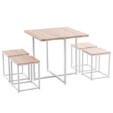 5 Piece Dining Table Set, Dining Set for 4, PVC Table and 4 Stools, Light Oak Color & White