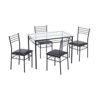 [110 x 70 x 76cm] Iron Glass Dining Table and Chairs Black One Table and Four Chairs PU Cushion