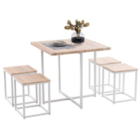 5 Piece Dining Table Set, Dining Set for 4, PVC Table and 4 Stools, Light Oak Color & White