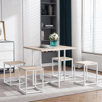 5 Piece Dining Table Set, Dining Set for 4, PVC Table and 4 Stools, Light Oak Color & White