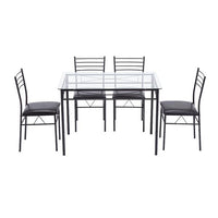 [110 x 70 x 76cm] Iron Glass Dining Table and Chairs Black One Table and Four Chairs PU Cushion