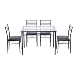 [110 x 70 x 76cm] Iron Glass Dining Table and Chairs Black One Table and Four Chairs PU Cushion