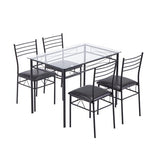 [110 x 70 x 76cm] Iron Glass Dining Table and Chairs Black One Table and Four Chairs PU Cushion