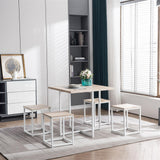 5 Piece Dining Table Set, Dining Set for 4, PVC Table and 4 Stools, Light Oak Color & White