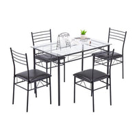 [110 x 70 x 76cm] Iron Glass Dining Table and Chairs Black One Table and Four Chairs PU Cushion