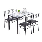 [110 x 70 x 76cm] Iron Glass Dining Table and Chairs Black One Table and Four Chairs PU Cushion